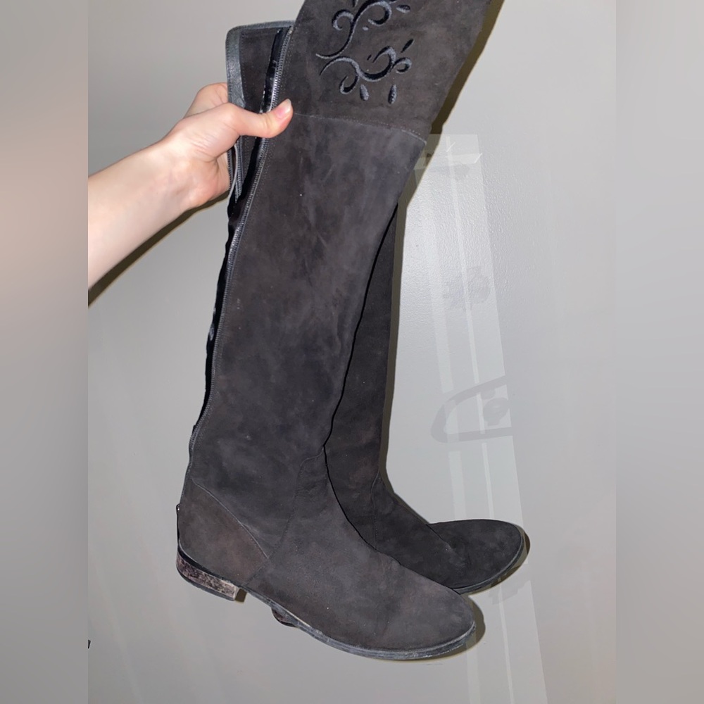 Knee High Black Suede Thin Slim Calf Boots 39